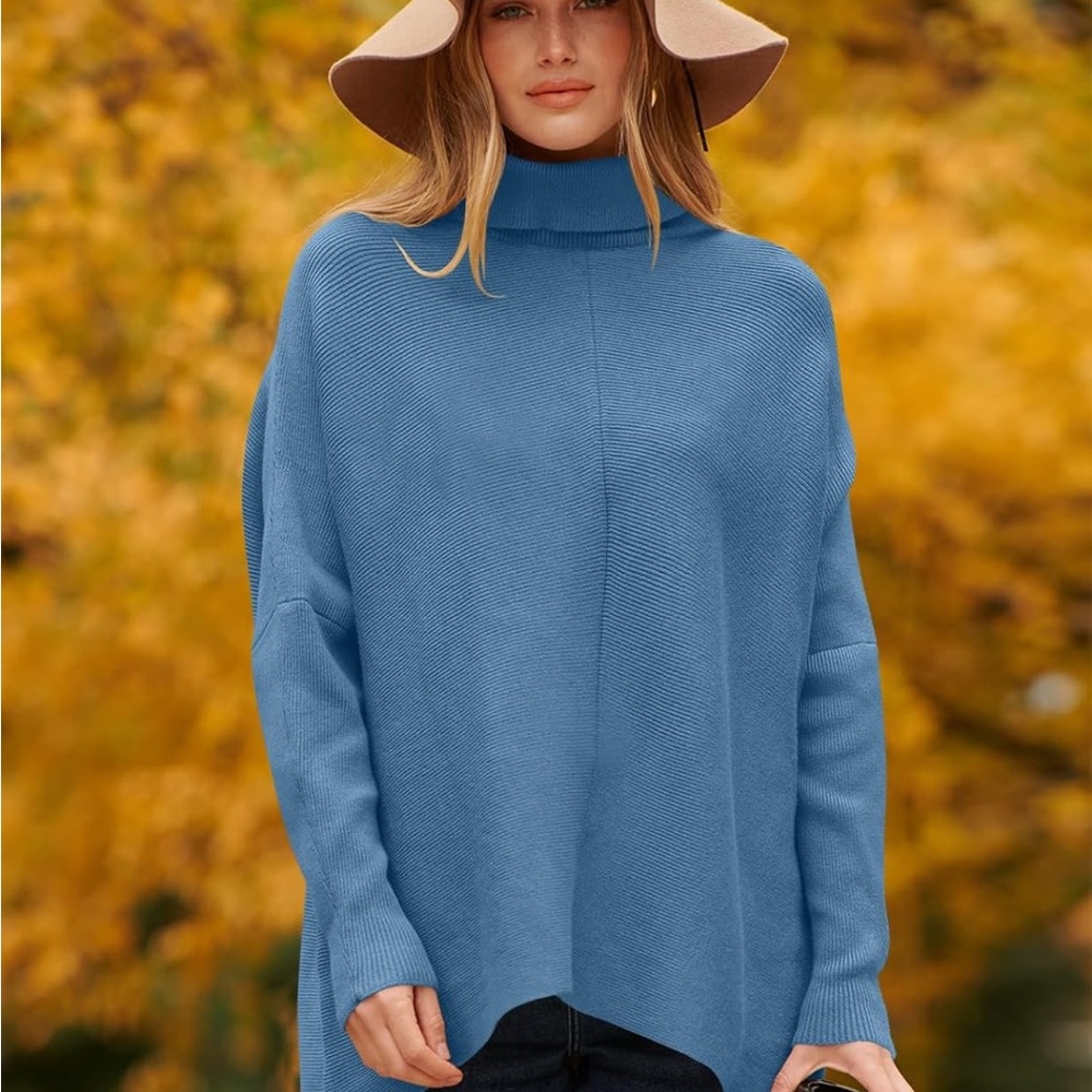 ANRABESS Women’s Blue Oversized Turtleneck Long Knit Pullover Tunic Sweater